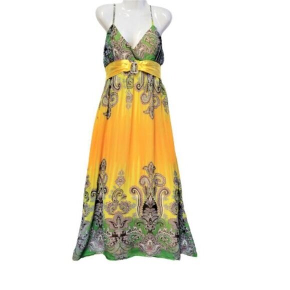 Long Maxi Gown in a Yellow Green Spaghetti Strap Sexy Long Dress- NWOT - Picture 1 of 14
